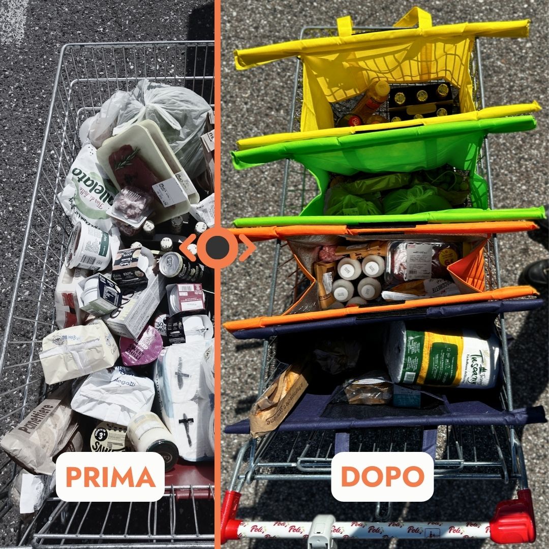 Confronto prima e dopo: carrello disordinato vs carrello organizzato con le borse Bustí