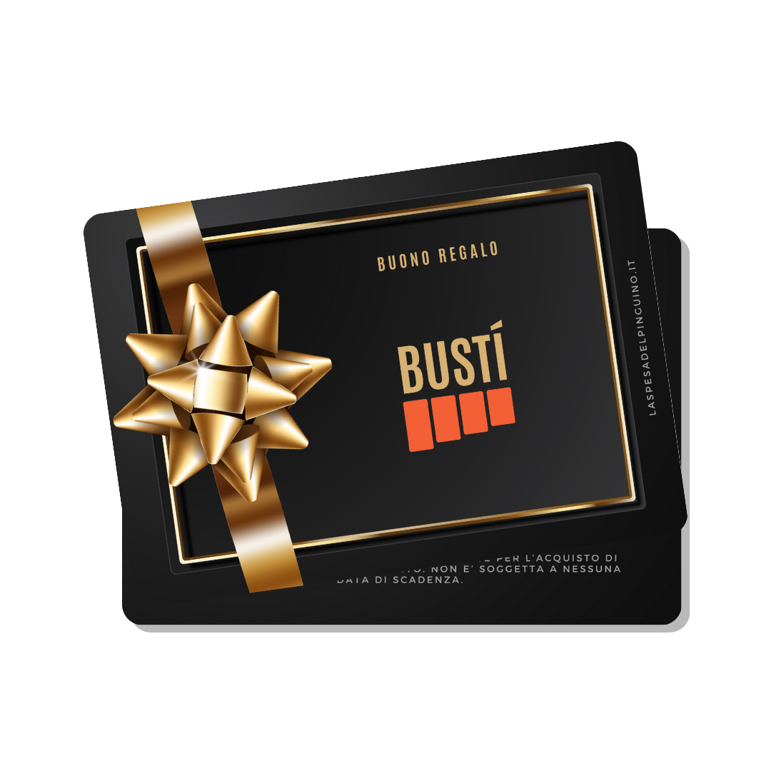 Vista frontale e posteriore della card che rappresenta il buono regalo Bustí