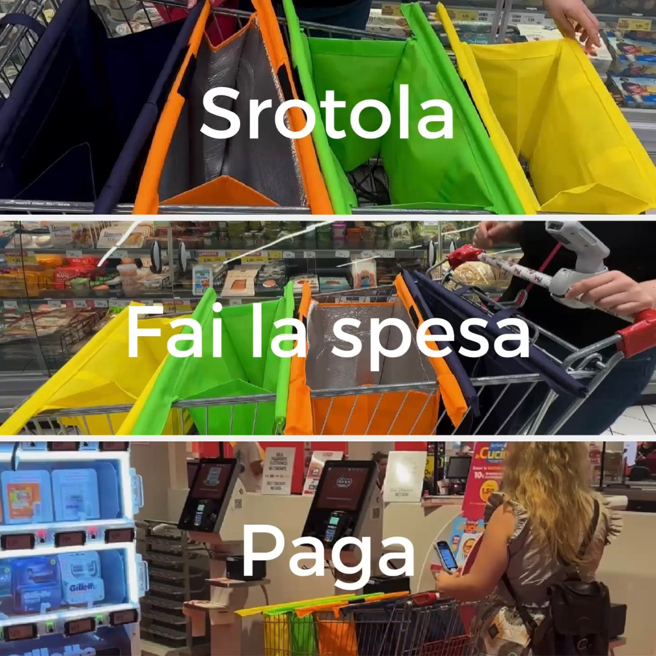 Video dimostrativo delle fasi d’uso di Bustí: srotola, organizza la spesa e paga in modo semplice e veloce